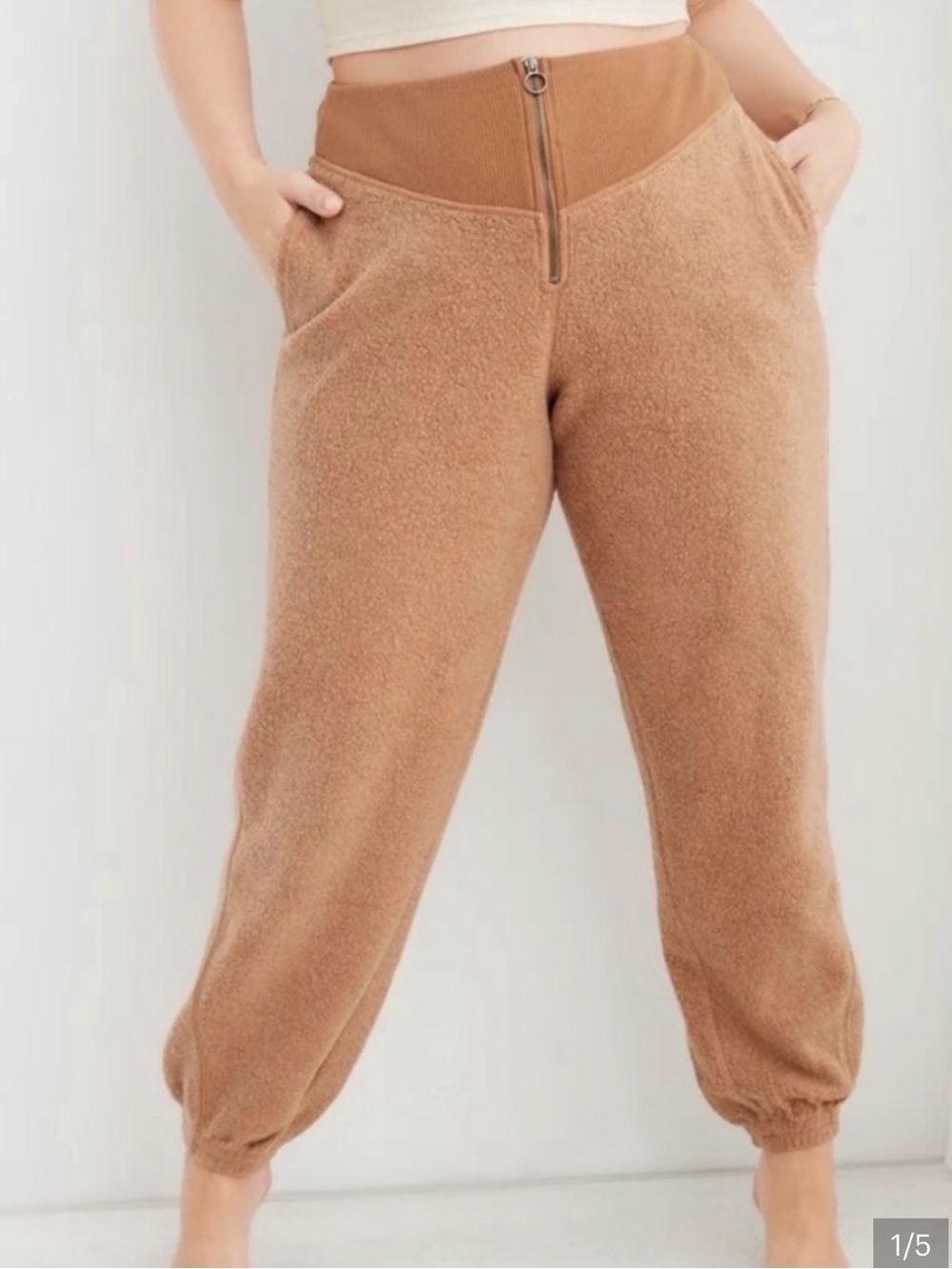 Aerie cozy tan Sherpa fleece zip front jogger sweat pants size XL